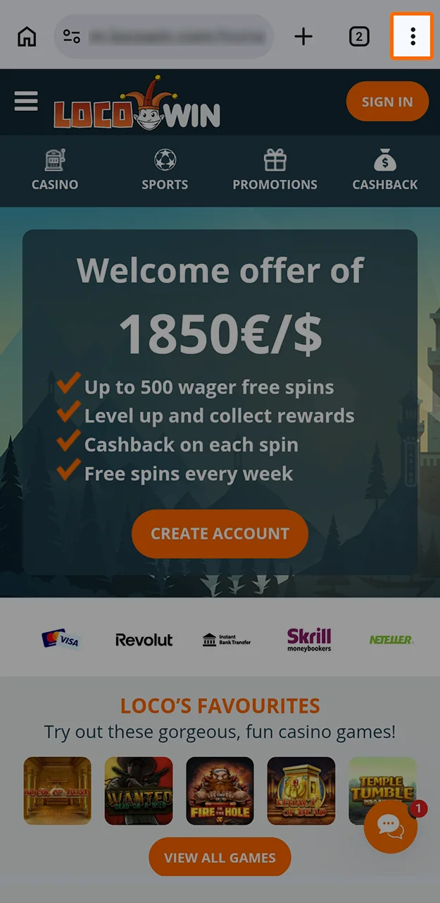Open your browser menu to install the Locowin app and explore its features.