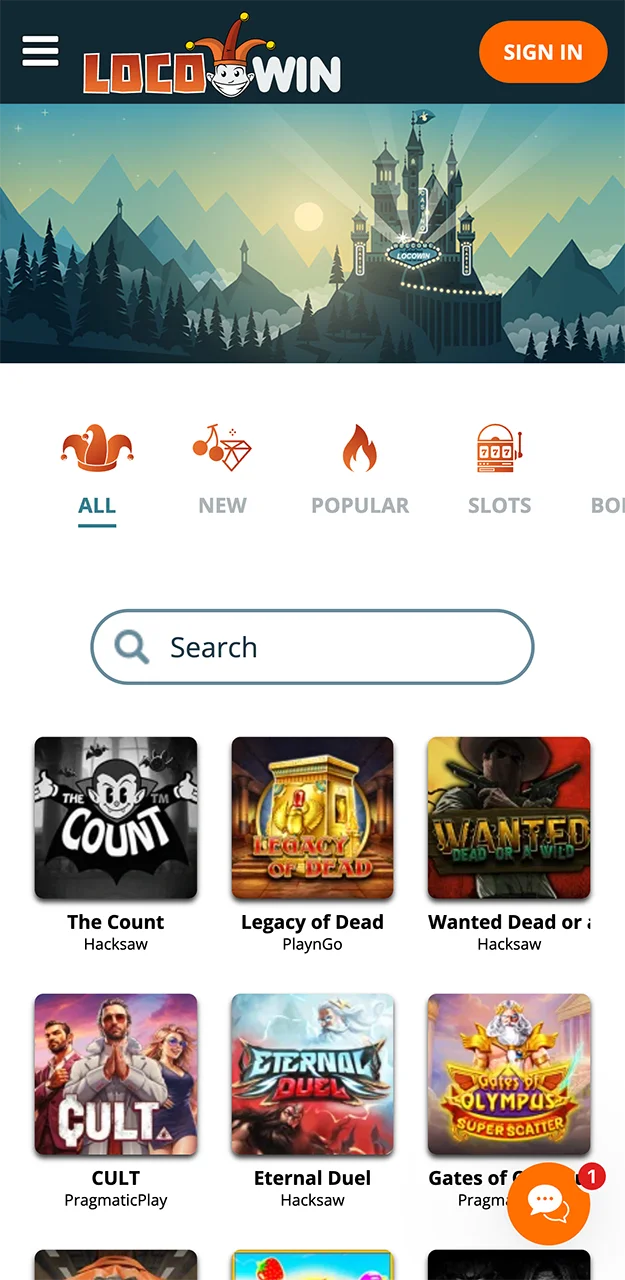 Casino games on the Locowin app.