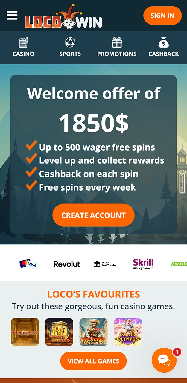 The home screen in the Locowin app.