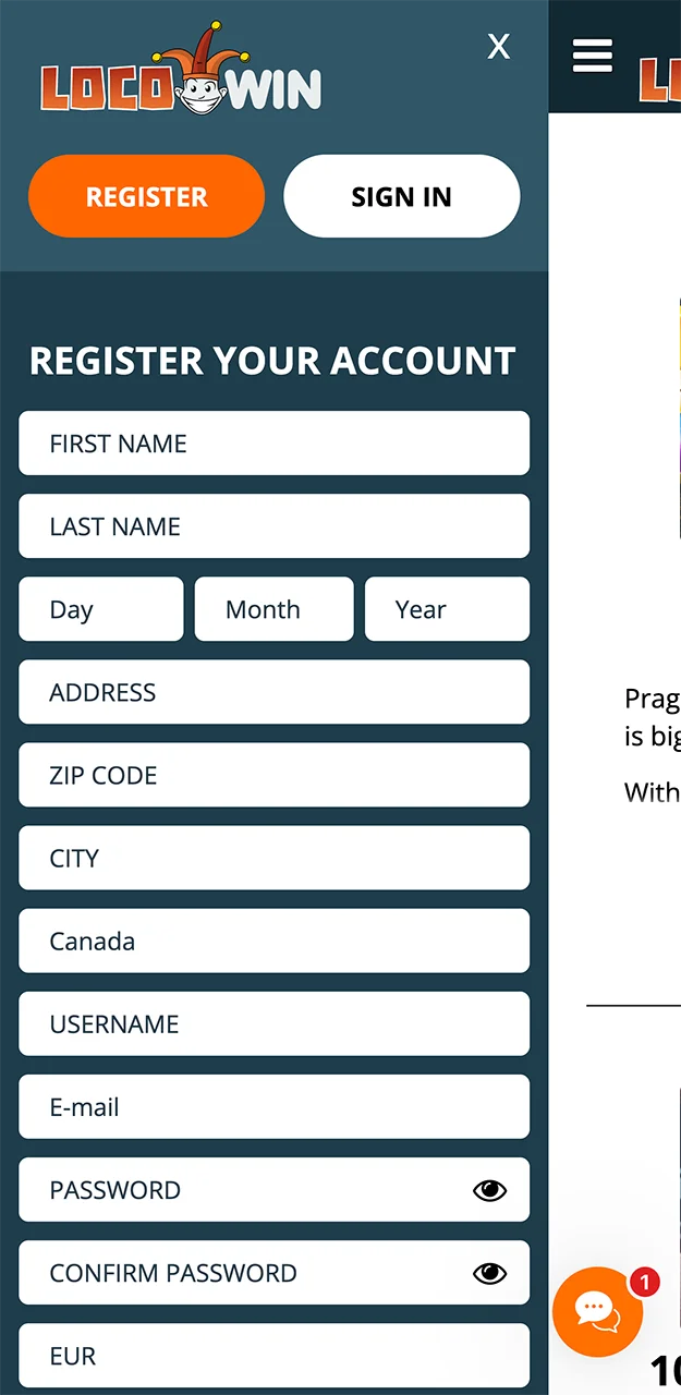 Creating an account on the Locowin app.
