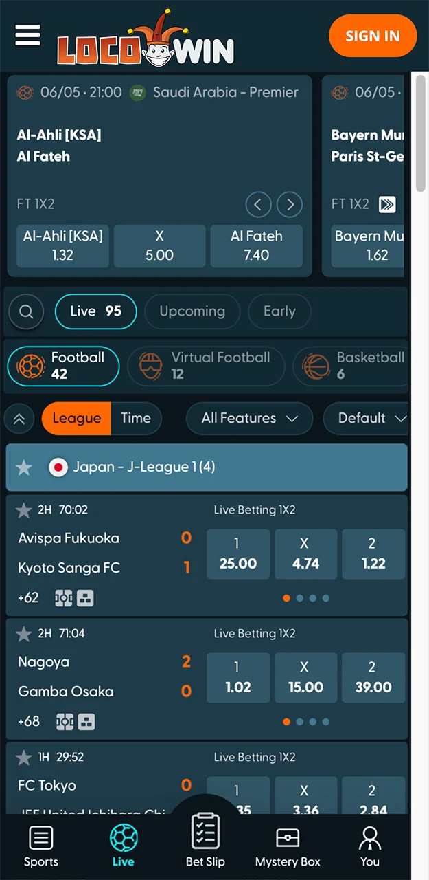 Betting on popular sports in the Locowin app.