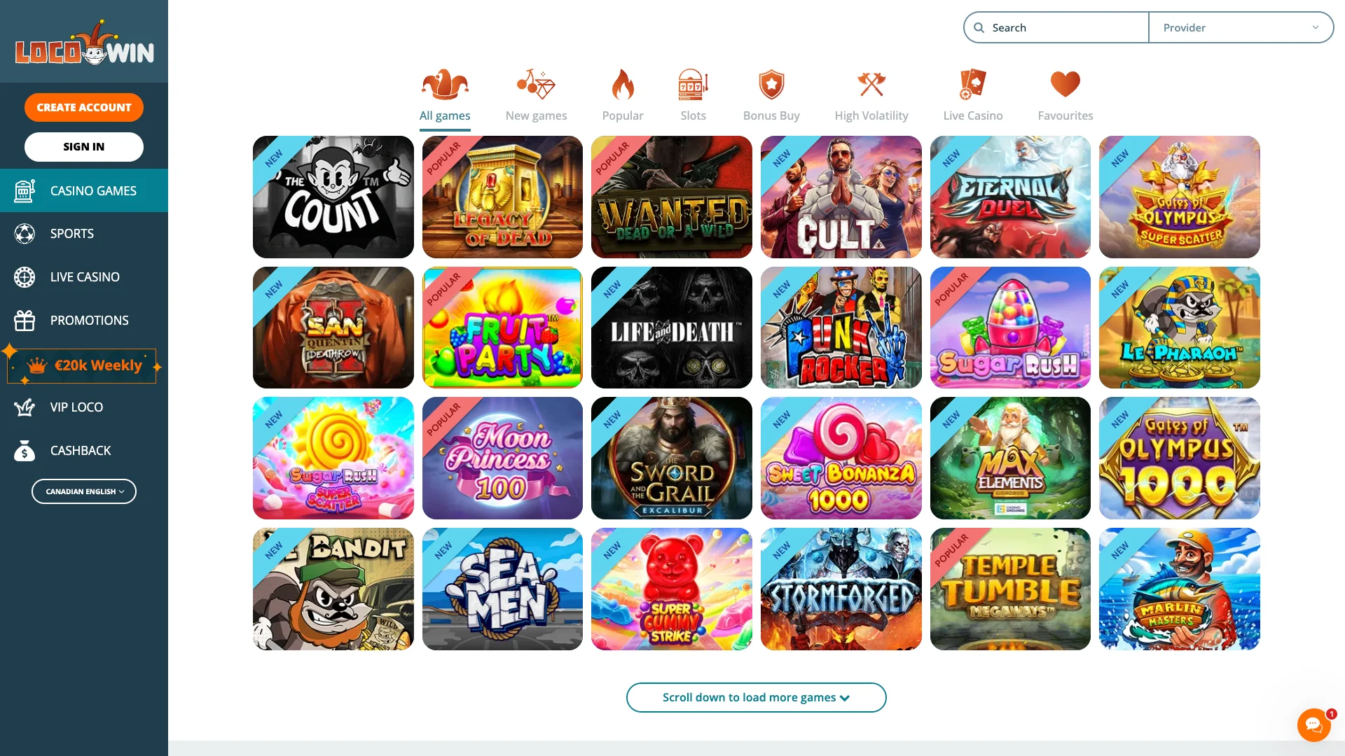 Spelautomater och spel på Locowins kasinosida.